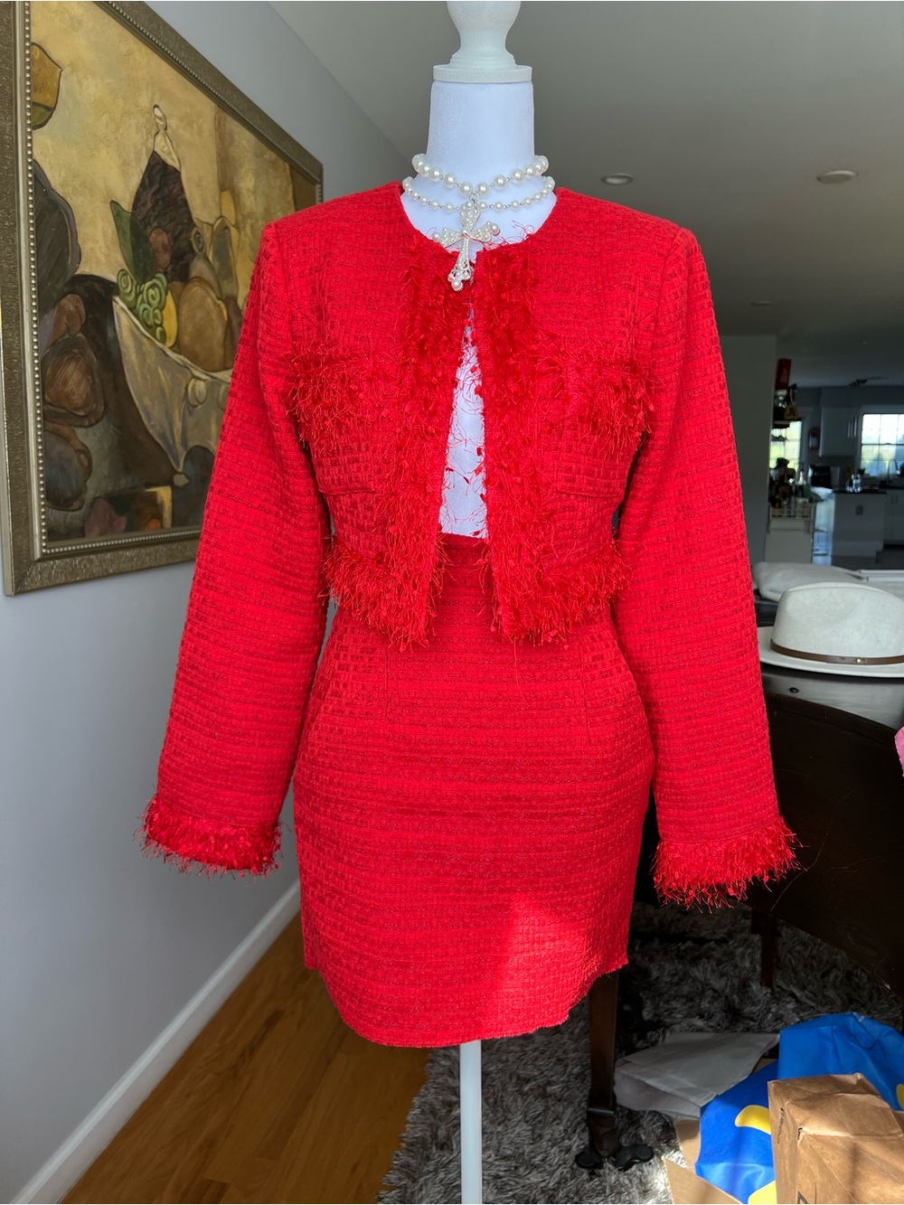 Endless Rose Red Feather Trim Tweed Crop Blazer & Mini Skirt Set Size Small $235